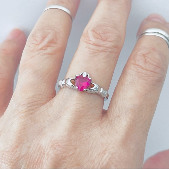 Sterling Silver Ruby CZ Heart Claddagh Ring, Silver Rings, July Birthstone, - Picture 11 of 12